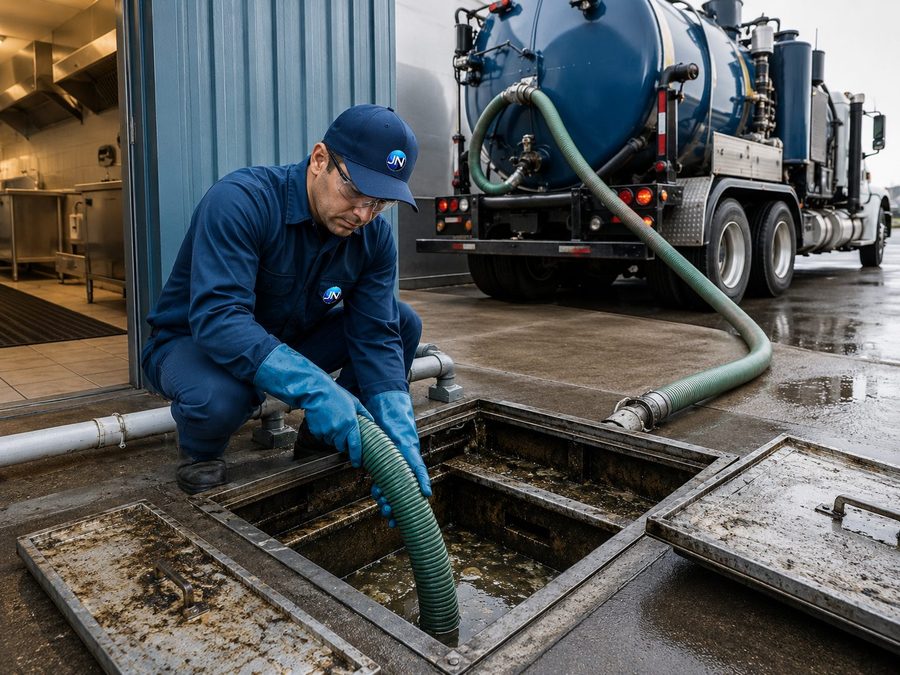 JN Grease technician servicing a grease interceptor on site