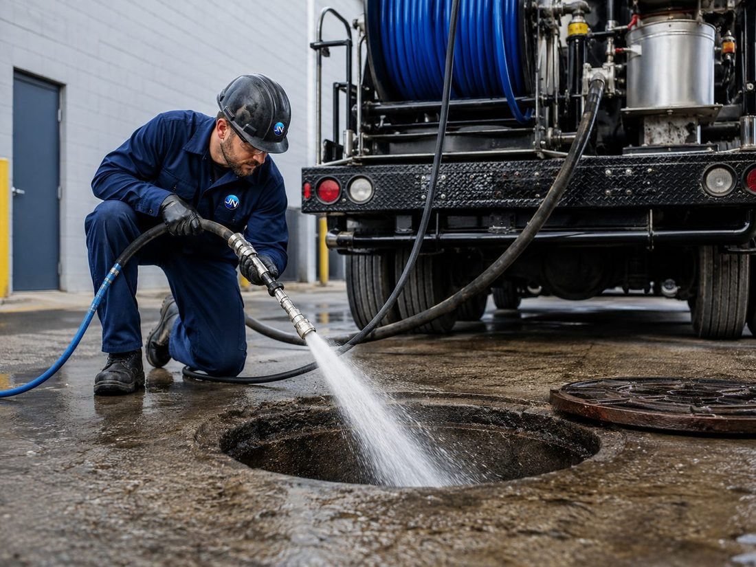 JN Grease technician and vacuum truck servicing a commercial system