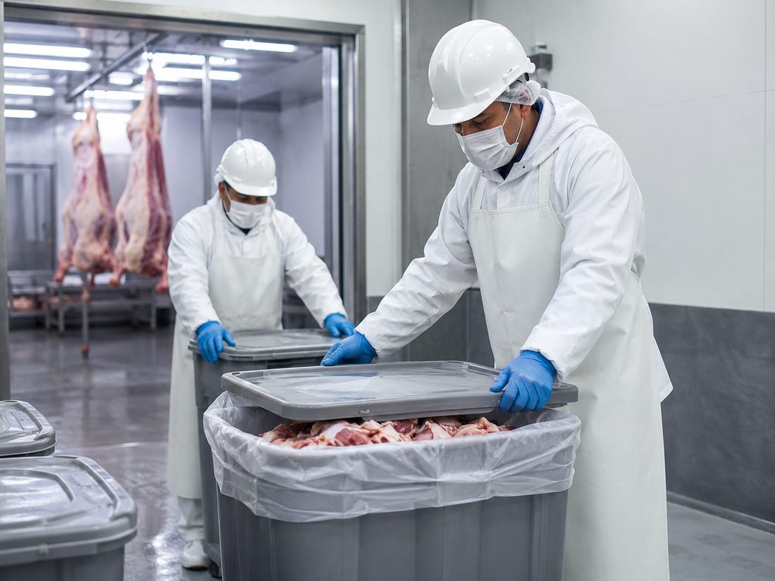 Workers in protective gear processing meat inside a commercial meat-processing facility
